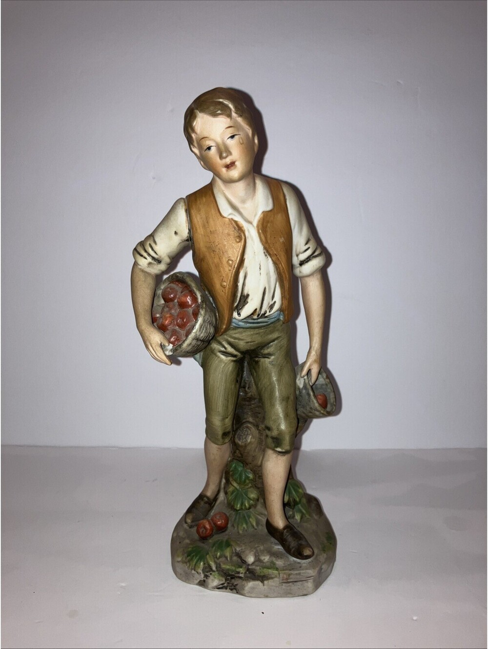 HOMCO 12” Ceramic Figurine #1414 Farm Boy With Baskets Of Apples - Picture 2 of 3